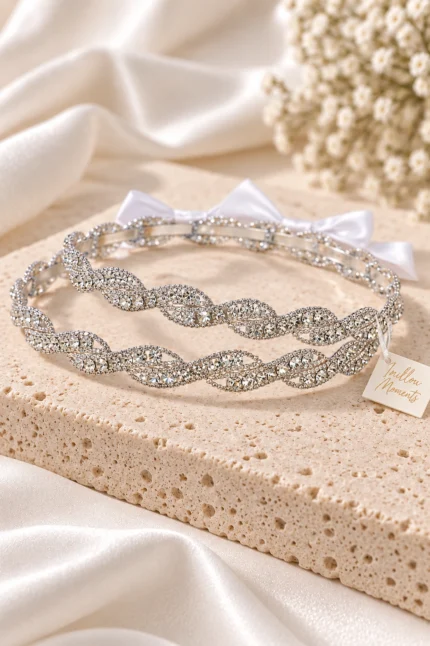 Επάργυρα στέφανα γάμου με Swarovski σε φαρδιά πλέξη
