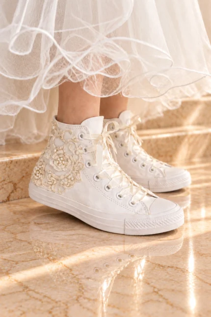 Νυφικά sneakers Converse High Top με ivory γαλλική δαντέλα