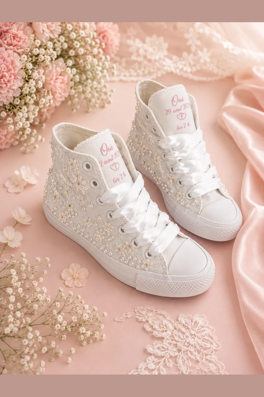 Λευκά νυφικά παπούτσια High Top Converse για γάμο με πέρλες και στρας