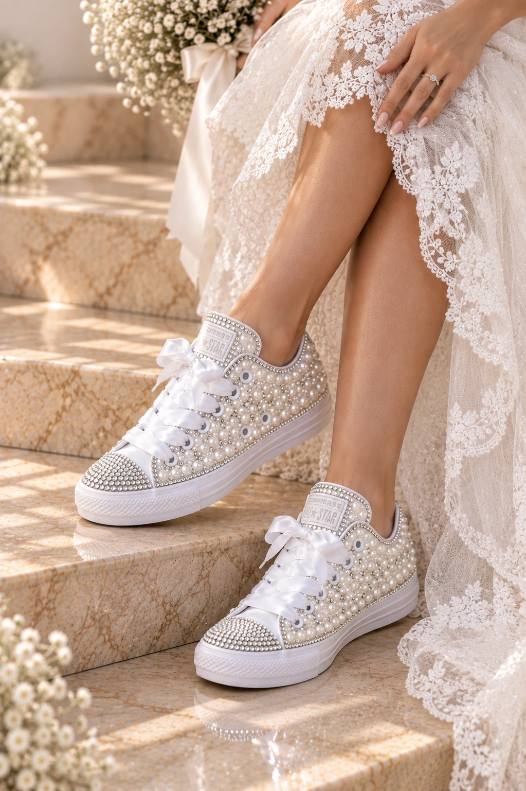 Νύφη με λευκά Converse διακοσμημένα με πέρλες και στρας