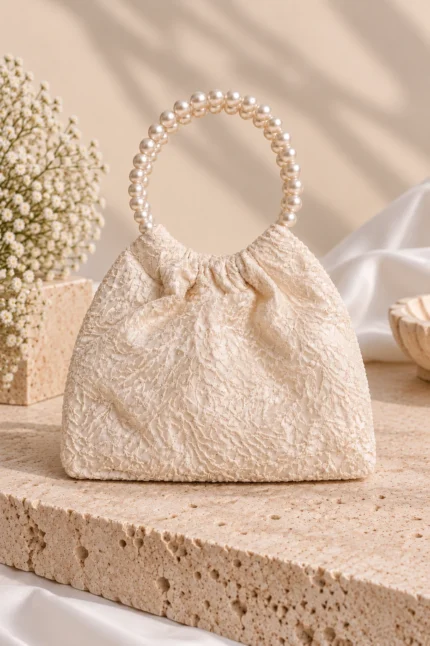 Νυφική Τσάντα Ivory με Δαντέλα και Χερούλι από Πέρλες